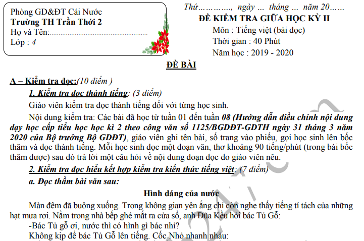 Đề thi giữa kì 2 môn Tiếng Việt lớp 4 - TH Trần Thới 2 năm 2020