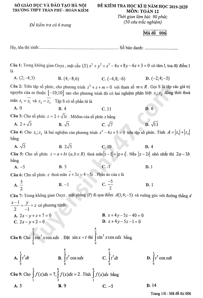 Đề thi học kì 2 môn Toán 12 THPT Trần Phú năm 2020