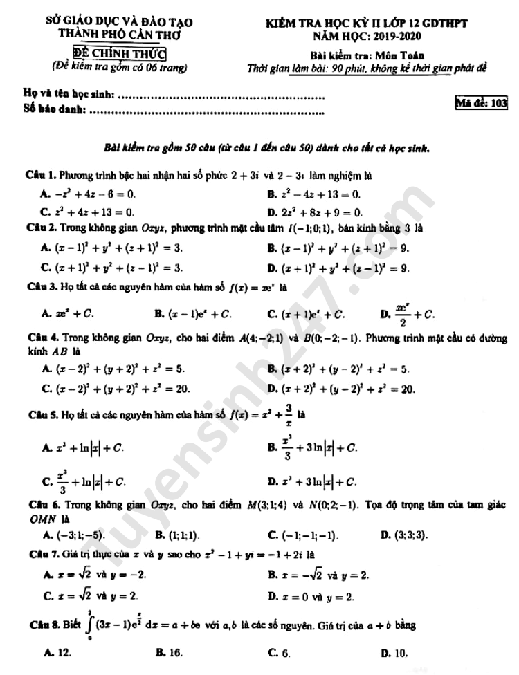 Đề thi Toán TP Cần Thơ lớp 12 học kì 2 năm 2020 