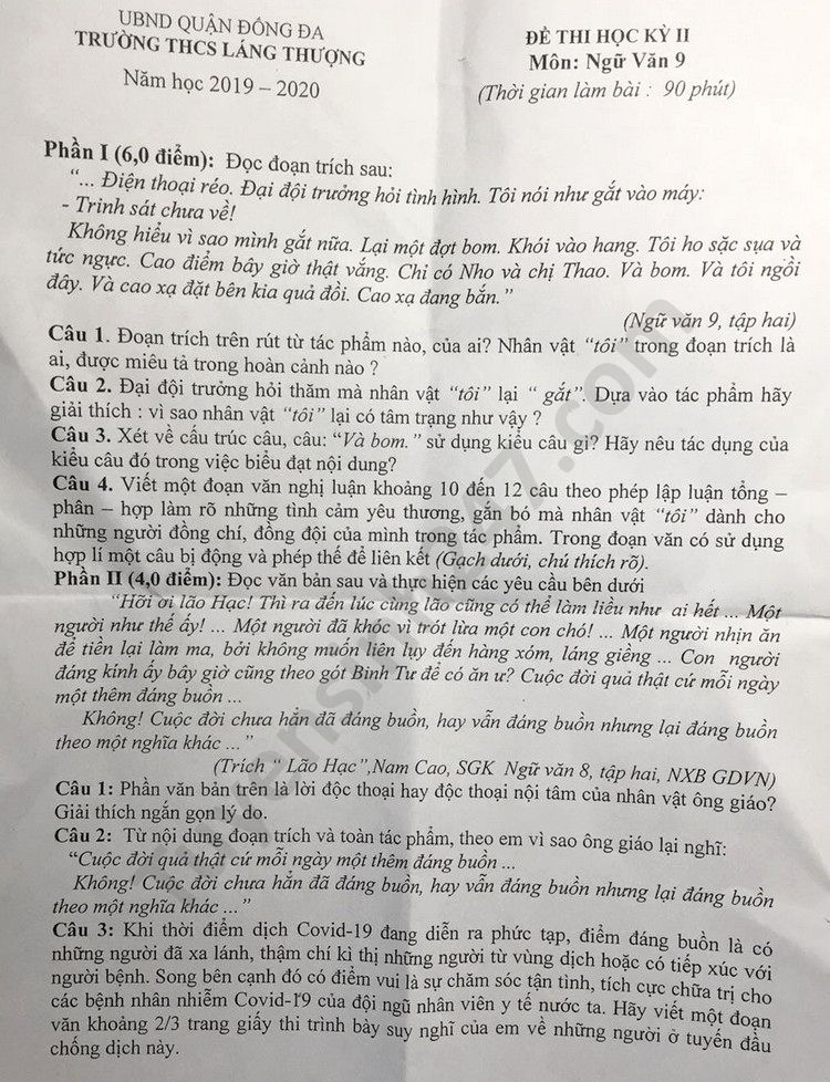 Đề thi môn Văn học kì 2 lớp 9 THCS Lãng Thượng 2020