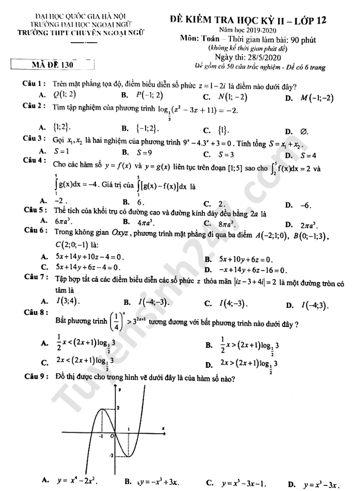 Đề thi học kì II THPT chuyên Ngoại ngữ 2020 môn Toán lớp 12