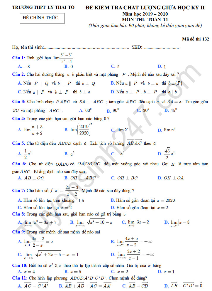 Đề thi giữa học kì 2 lớp 11 trường THPT Lý Thái Tổ môn Toán 2020 