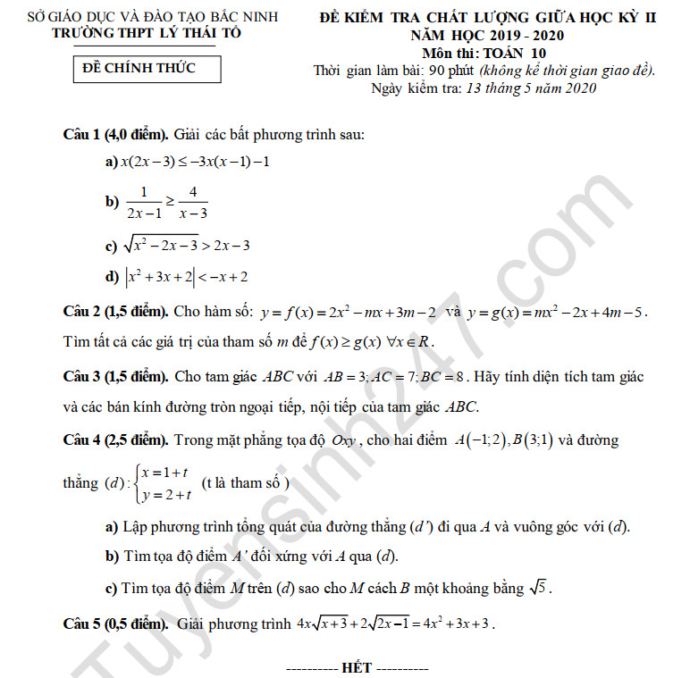 Đề thi giữa học kì 2 môn Toán lớp 10 năm 2020 THPT Lý Thái Tổ 
