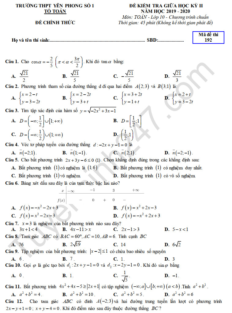 Đề thi giữa học kì 2 lớp 10 năm 2020 môn Toán THPT Yên Phong số 1