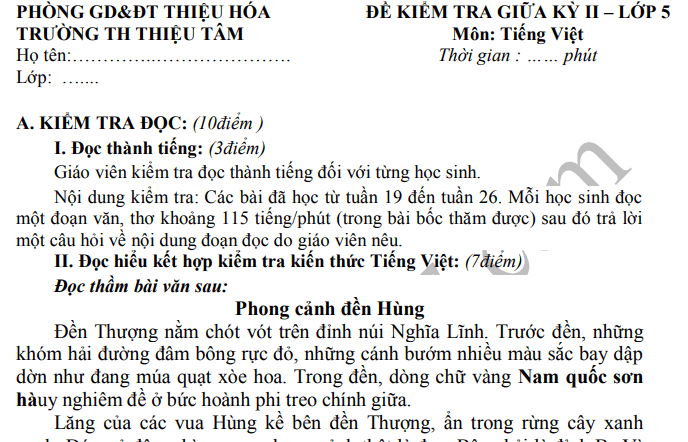 Đáp án đề thi giữa kì 2 lớp 5 môn Tiếng Việt 2020  Đề số 1