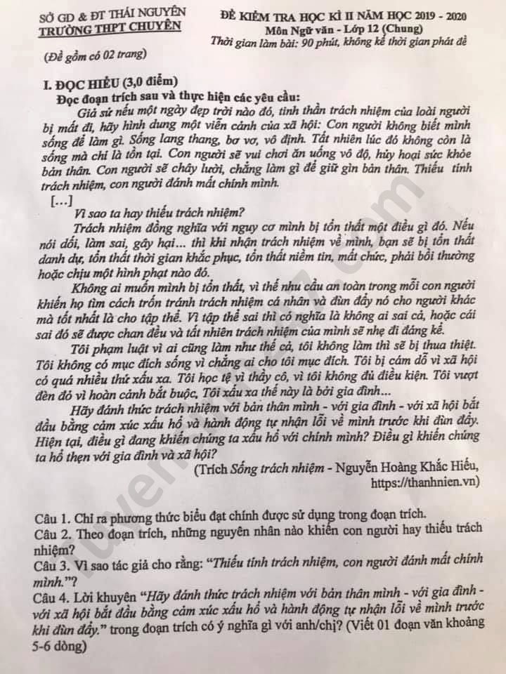 Đề thi học kì 2 lớp 12 THPT chuyên Thái Nguyên môn Văn 2020