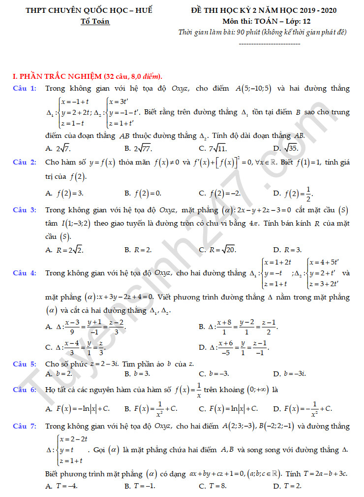 Đề thi học kì 2 môn Toán lớp 12 THPT chuyên Quốc học Huế năm 2020