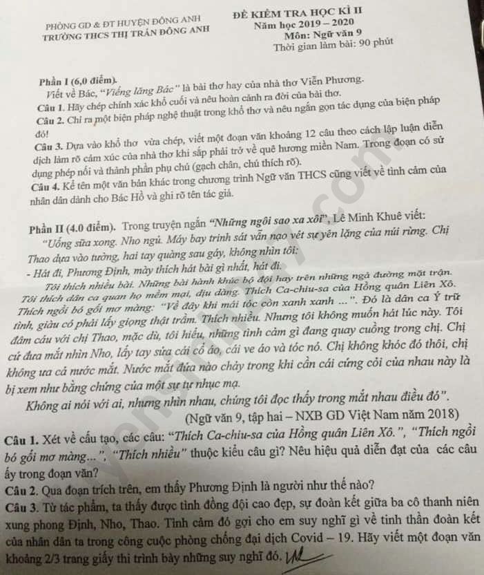 Đề thi học kì 2 môn Văn 9 THCS Thị trấn Đông Anh năm 2020 