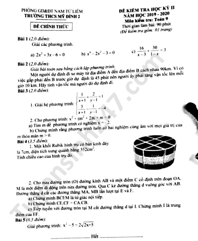 Đề thi học kì 2 THCS Mỹ Đình 2 năm 2020 môn Toán lớp 9