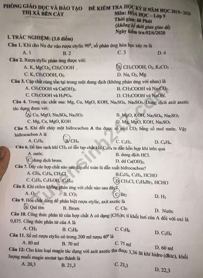 Đề thi học kì 2 Thị xã Bến Cát môn Hóa học năm 2020 