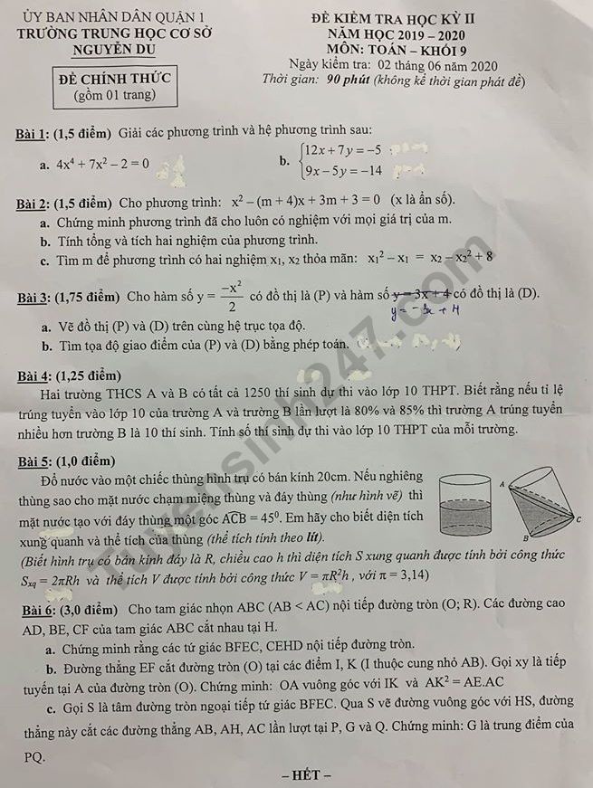 Đề thi học kì 2 môn Toán lớp 9 năm 2020 THCS Nguyễn Du 