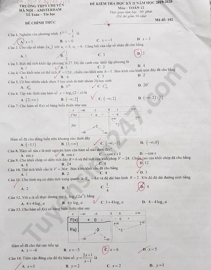 Đề thi học kì 2 môn Toán lớp 12 năm 2020 THPT Chuyên Amsterdam