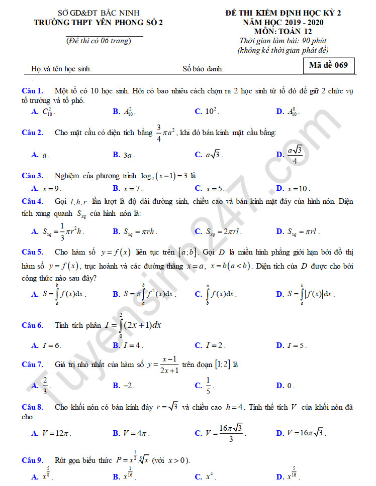 Đề thi học kì 2 năm 2020 THPT Yên Phong số 2 môn Toán lớp 12