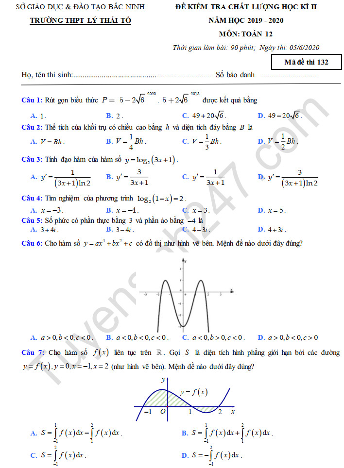 Đề thi học kì 2 môn Toán 12 năm 2020 trường THPT Lý Thái Tổ 