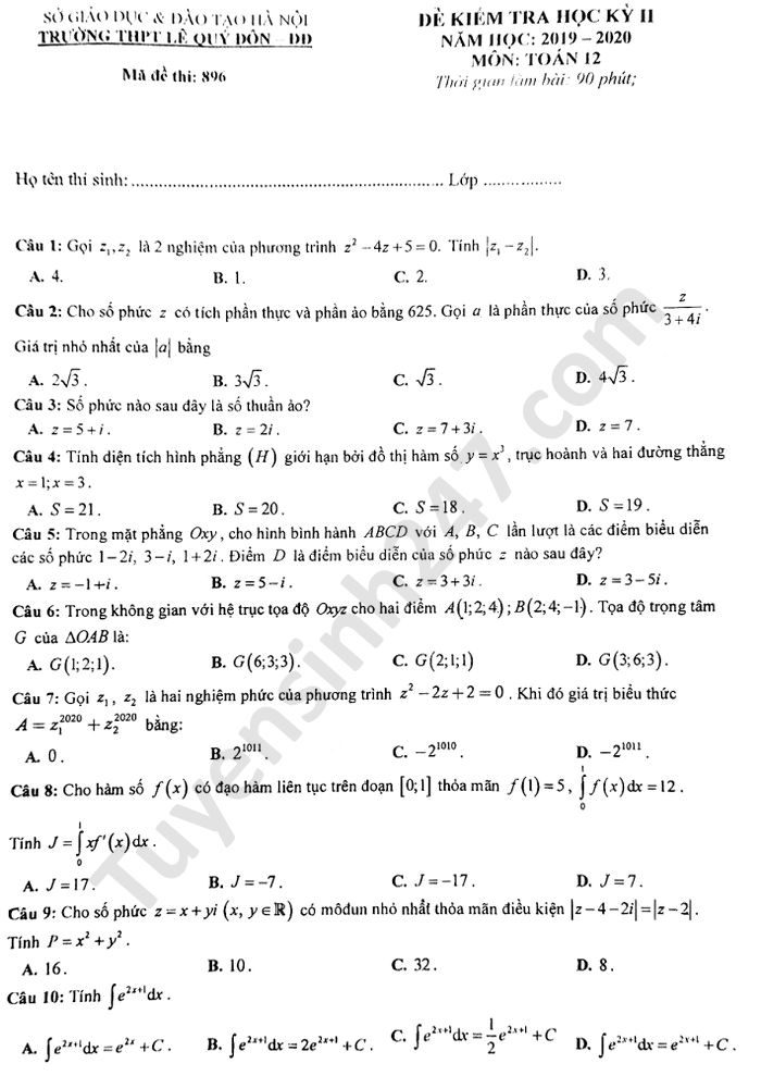 Đề thi học kì 2 THPT Lê Quý Đôn môn Toán 12 năm 2020 