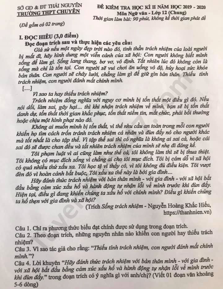 Đề kiểm tra học kì 2 môn Văn lớp 12 THPT chuyên Thái Nguyên 2020 
