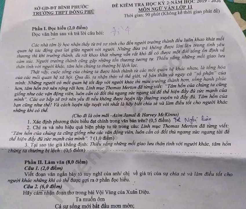 Đề thi học kì 2 THPT Đồng Phú môn Văn lớp 11 năm 2020 