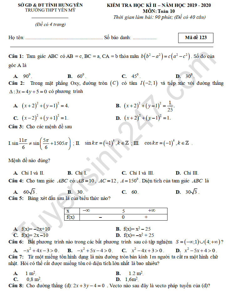 Đề thi học kì 2 năm 2020 THPT Yên Mỹ môn Toán lớp 10 