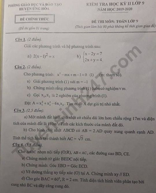 Đề thi kì 2 lớp 9 môn Toán 2020 - Phòng GD Ứng Hòa