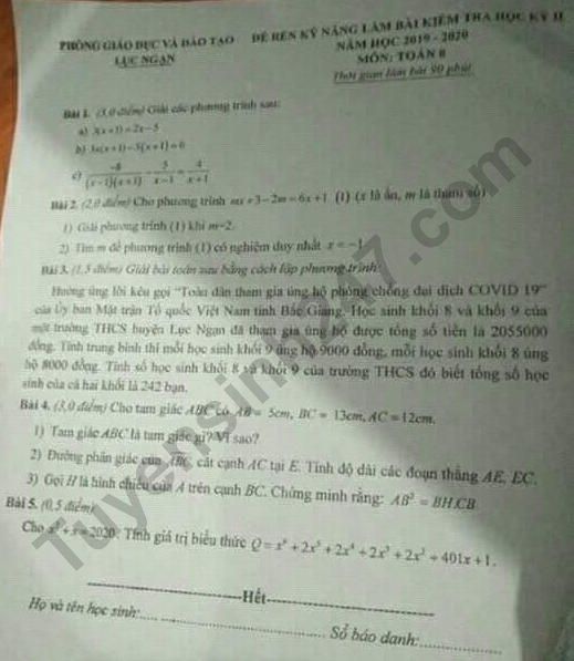 Đề thi kì 2 lớp 8 môn Toán 2020 - Phòng GD Lục Ngạn