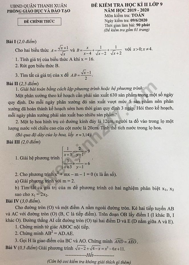 Đề thi kì 2 môn Toán lớp 9 - Quận Thanh Xuân 2020