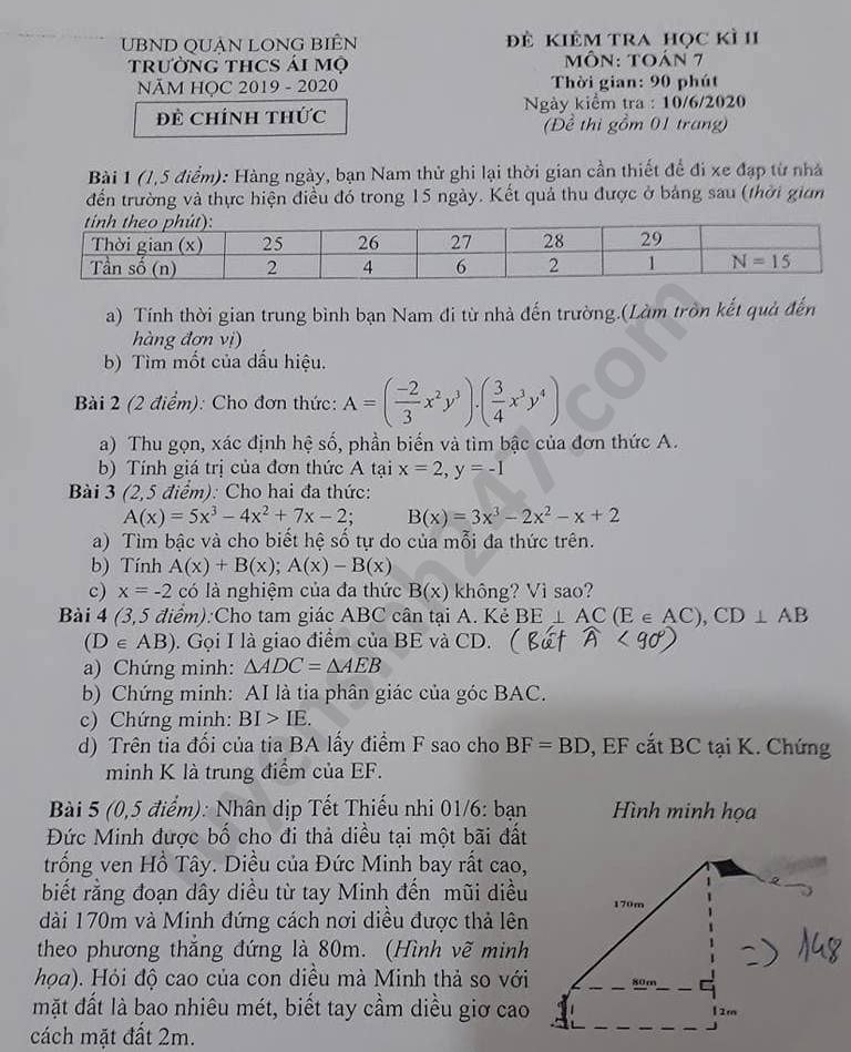 Đề thi học kì 2 môn Toán lớp 7 trường THCS Ái Mộ năm 2020 