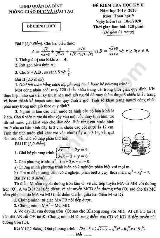 Đề thi học kì 2 môn Toán lớp 9 Quận Ba Đình năm 2020 