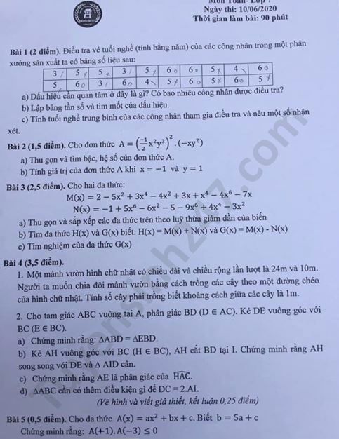 Đề thi học kì 2 môn Toán lớp 7 THCS Nguyễn Công Trứ năm 2020 