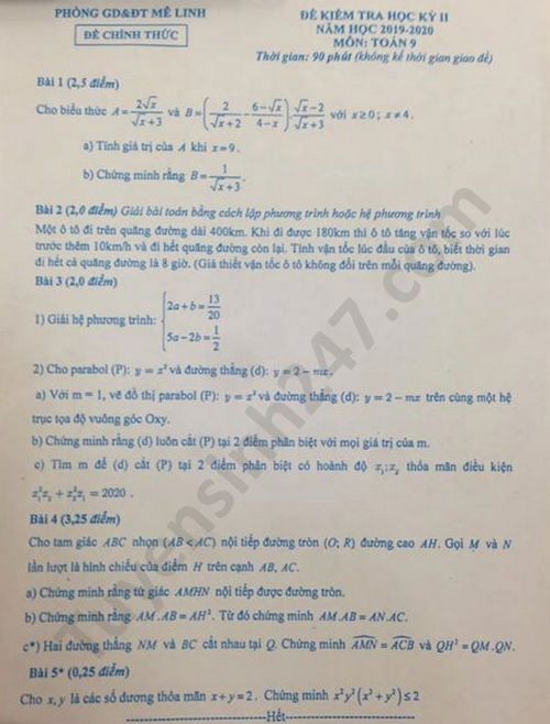 Đề thi học kì 2 năm 2020 môn Toán lớp 9 Phòng GD Mê Linh 