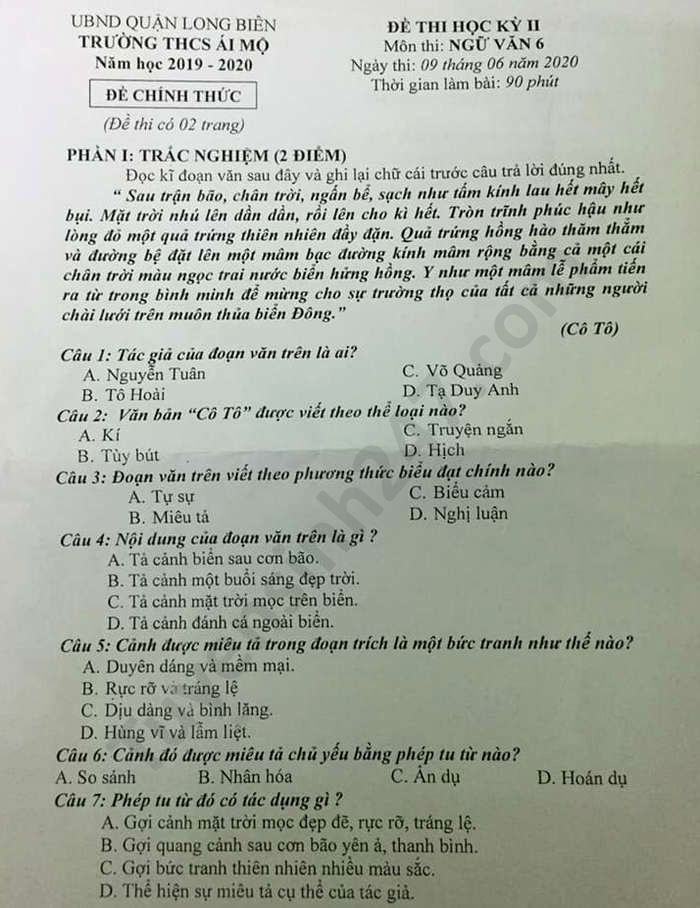 Đề thi học kì 2 trường THCS Ái Mộ năm 2020 môn Văn lớp 6