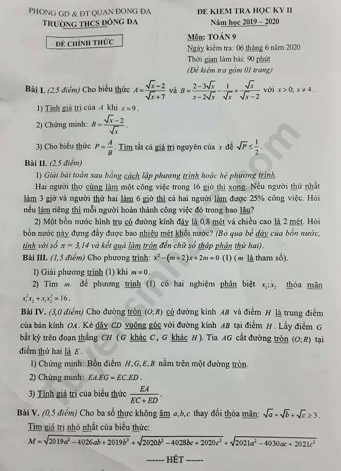 Đề thi học kì 2 môn Toán lớp 9 trường THCS Đống Đa năm 2020 