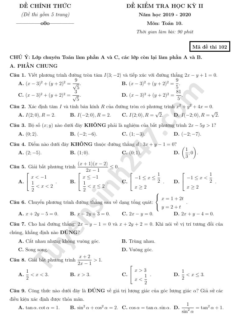 Đề thi học kì 2 THPT chuyên Hạ Long năm 2020 môn Toán lớp 10
