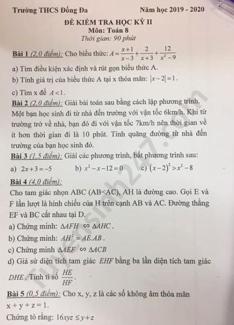 Đề thi học kì 2 Quận Đống Đa môn Toán lớp 8 năm 2020 