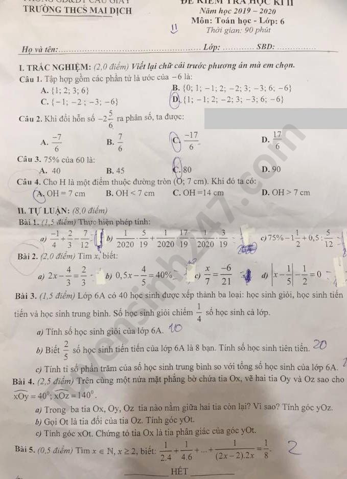 Đề thi học kì 2 môn Toán lớp 6 THCS Mai Dịch năm 2020 