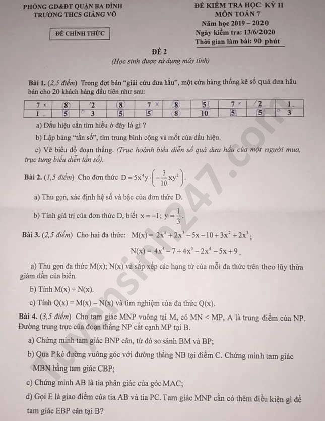 Đề thi học kì 2 môn Toán lớp 7 THCS Giảng Võ năm 2020 