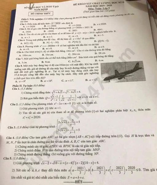 Đề thi học kì 2 môn Toán lớp 9 tỉnh Nam Định năm 2020 