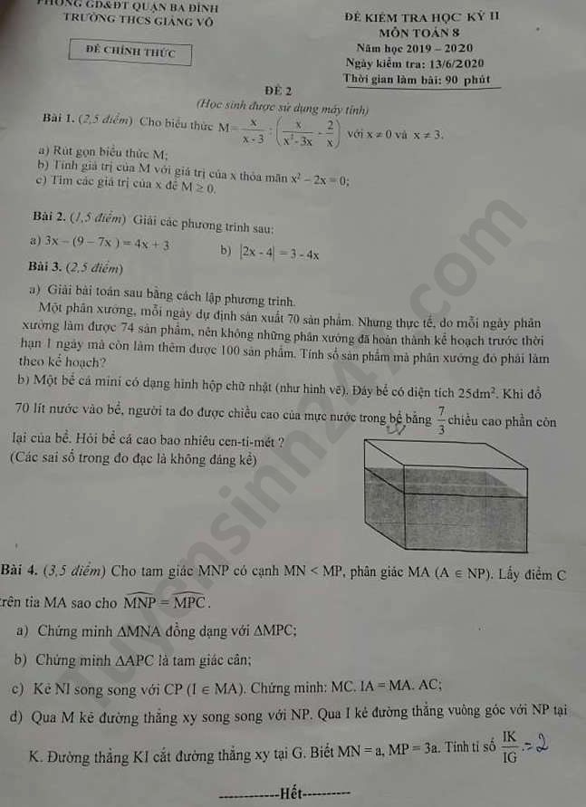 Đề thi học kì 2 môn Toán lớp 8 THCS Giảng Võ năm 2020 