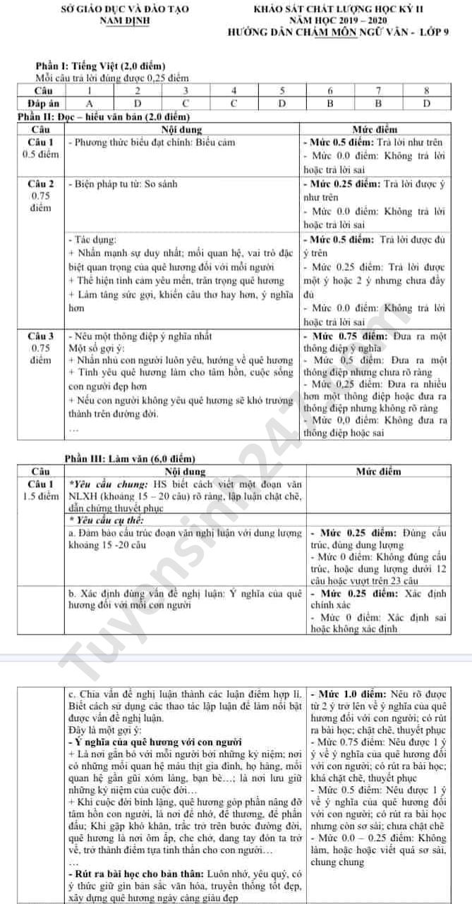 Đề thi học kì 2 môn Văn lớp 9 Sở GD Nam Định năm 2020 