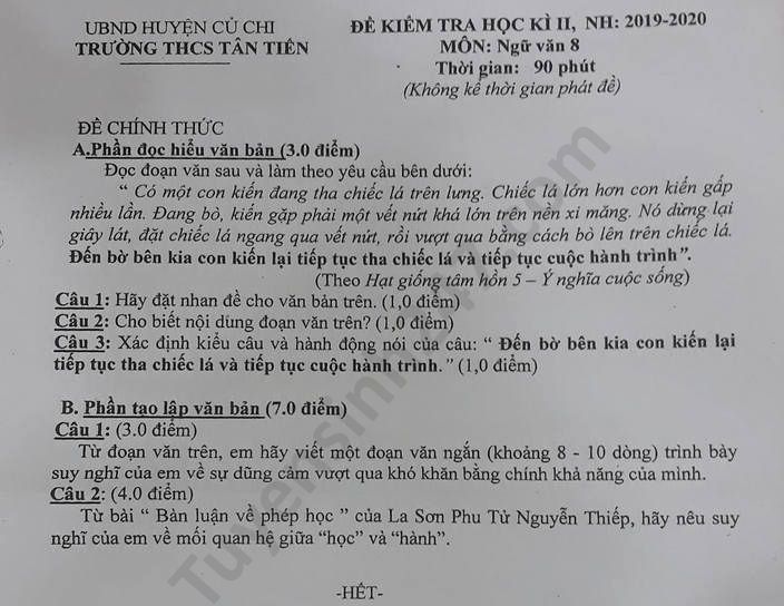 Đề thi học kì 2 năm 2020 THCS Tân Tiến môn Văn lớp 8 