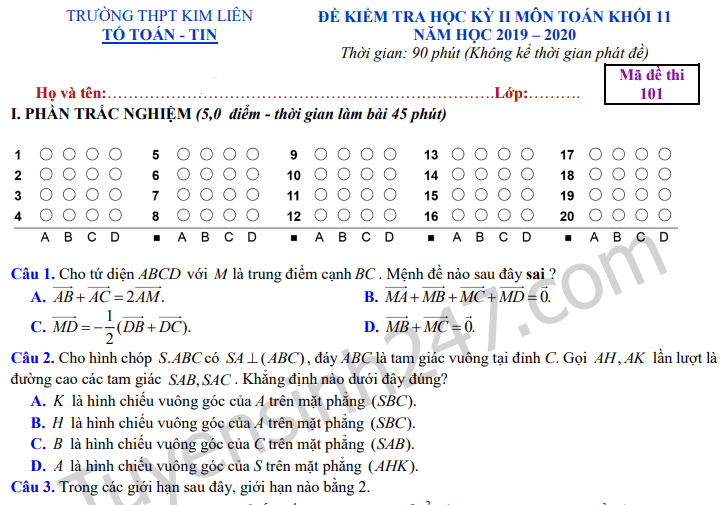 Đề thi kì 2 môn Toán lớp 11 - THPT Kim Liên 2020