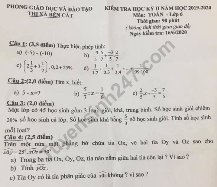 Đề thi kì 2 lớp 6 môn Toán 2020 - Phòng GD Bến Cát