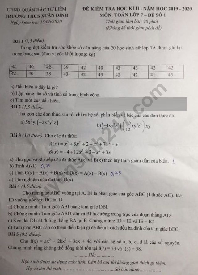 Đề thi kì 2 môn Toán lớp 7 năm 2020 - THCS Xuân Đỉnh