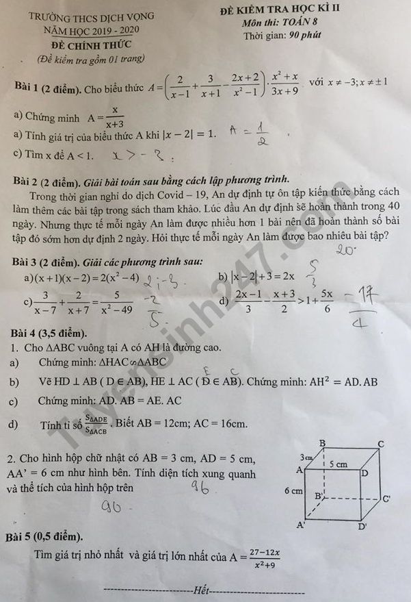 Đề thi kì 2 môn Toán lớp 8 năm 2020 - THCS Dịch Vọng