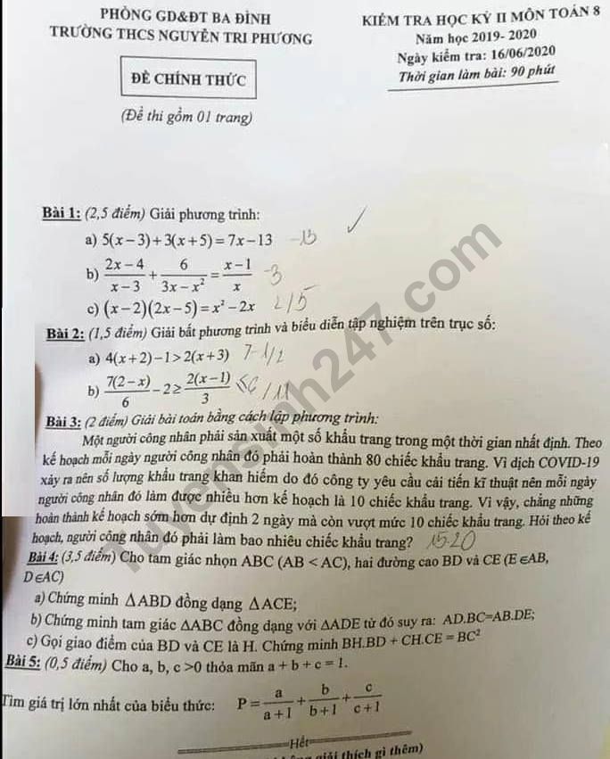 Đề thi kì 2 lớp 8 môn Toán 2020 - THCS Nguyễn Tri Phương