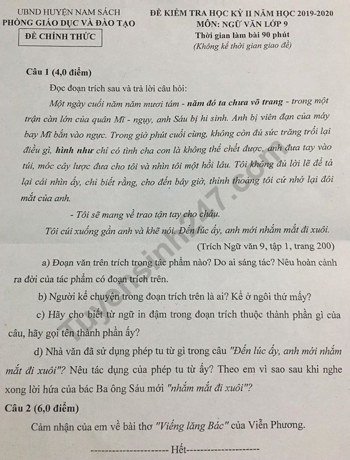 Đề thi kì 2 lớp 9 môn Văn 2020 - Phòng GD Nam Sách