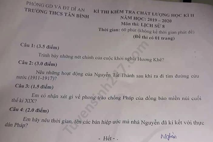 Đề thi học kì 2 THCS Tân Bình năm 2020 môn Sử lớp 8 