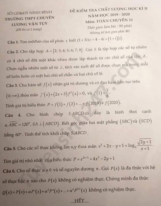 Đề thi học kì 2 năm 2020 môn Toán chuyên lớp 11 THPT chuyên Lương Văn Tụy 