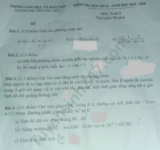 Đề thi học kì 2 môn Toán lớp 8 Phòng GD TP Thủ Dầu Một năm 2020 