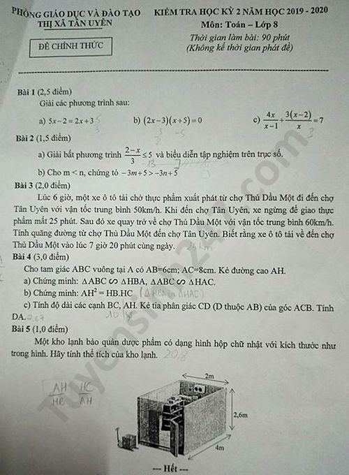 Đề thi học kì 2 Phòng GD TX Tân Uyên năm 2020 môn Toán lớp 8 