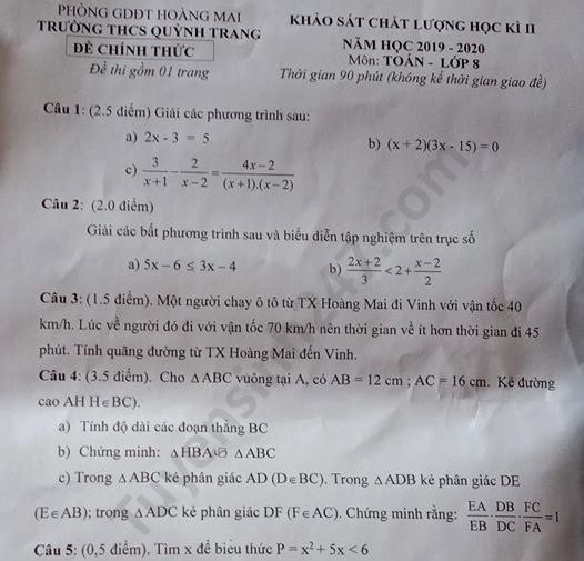 Đề thi học kì 2 năm 2020 môn Toán lớp 8 THCS Quỳnh Trang